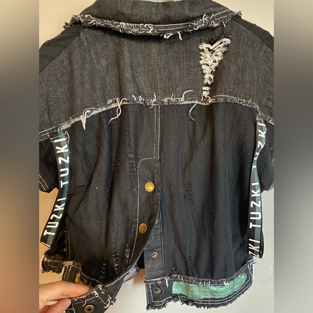 TUZKI Raw Edge Distressed Denim Top Black Jacket Vest - Picture 7 of 13